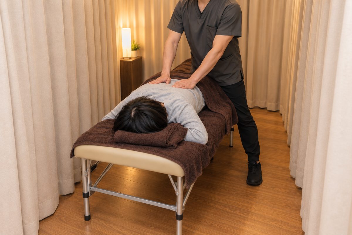 カーテンで仕切られたブースで、うつ伏せの方の背中に手を添えています。