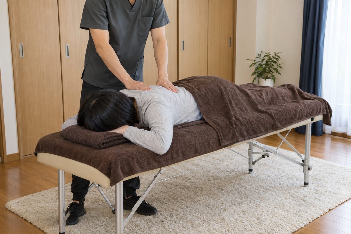 ご自宅の部屋に置いたベッドで、うつ伏せの方の背中に手を添えています。